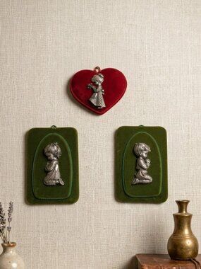 Vintage Italian Pewter & Velvet Wall Plaque Set (3 Pieces)